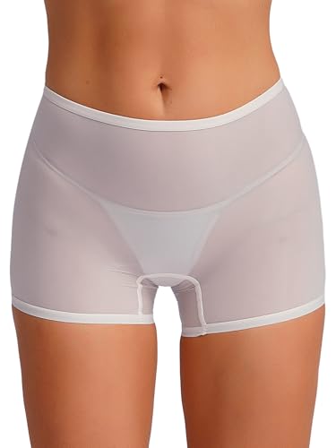 YiZYiF Damen Panties Boxershorts Hipster Unterwäsche Glanz Transparente Nylon Unterhose Glossy Glatte Boxer Briefs Hohe Taille Reizwäsche A_Weiß Einheitsgröße von YiZYiF