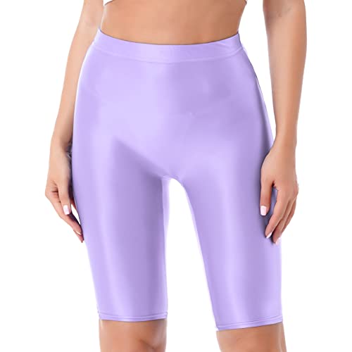 YiZYiF Damen Shiny Metalic Leggings Glanz Glossy Kurze Hose Sport Fitness Tanz Shorts Hochglanzgamaschen Pants High Waist A_Hellviolett L von YiZYiF