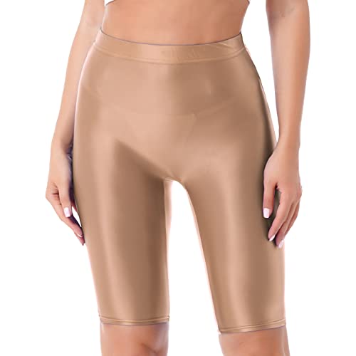 YiZYiF Damen Shiny Metalic Leggings Glanz Glossy Kurze Hose Sport Fitness Tanz Shorts Hochglanzgamaschen Pants High Waist A_Kaffee M von YiZYiF