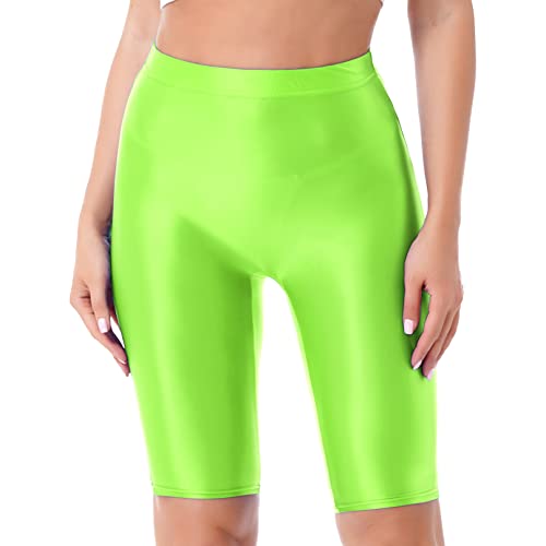 YiZYiF Damen Shiny Metalic Leggings Glanz Glossy Kurze Hose Sport Fitness Tanz Shorts Hochglanzgamaschen Pants High Waist A_Neongrün L von YiZYiF