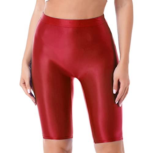 YiZYiF Damen Shiny Metalic Leggings Glanz Glossy Kurze Hose Sport Fitness Tanz Shorts Hochglanzgamaschen Pants High Waist A_Rot XL von YiZYiF