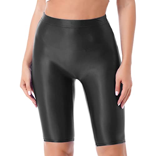 YiZYiF Damen Shiny Metalic Leggings Glanz Glossy Kurze Hose Sport Fitness Tanz Shorts Hochglanzgamaschen Pants High Waist A_Schwarz XL von YiZYiF