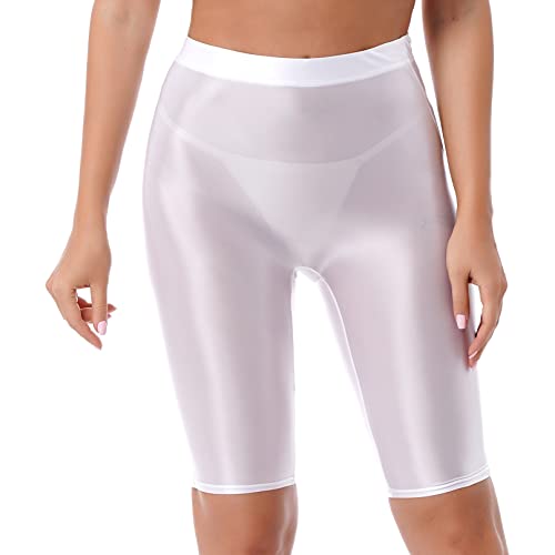 YiZYiF Damen Shiny Metalic Leggings Glanz Glossy Kurze Hose Sport Fitness Tanz Shorts Hochglanzgamaschen Pants High Waist A_Weiß XL von YiZYiF