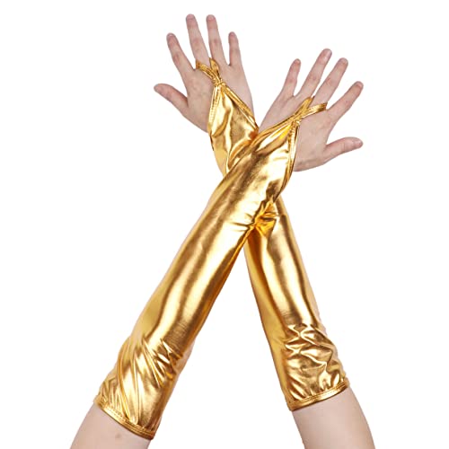 YiZYiF Damen Stulpen Handschuhe aus Lackleder Glänzend Fingerlose Handschuhe Fest Party Spitzehandschuhe Wetlook Metallic Optik Sexy Dessous Kostüm Zubehör B Gold One Size von YiZYiF