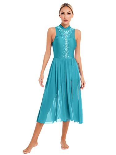 YiZYiF Damen Tanzkleid Glitzer Lyrisch Latin Ballsaal Walzer Kleid Strass Tanz Ballett Leotard Swing Rock Moderne Tanzkostüme Contemporary Dance Dress A_Cyan XL von YiZYiF