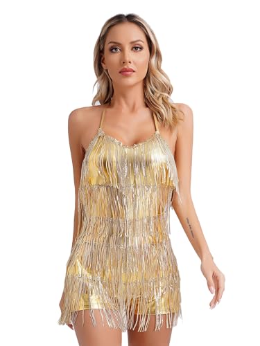 YiZYiF Damen Tanzkleid Glitzer Quasten Pailletten Rumba Tango Latein Kleid Tanzbody Party Cocktail Ballroom Outfit Dancewear Gold XXL von YiZYiF