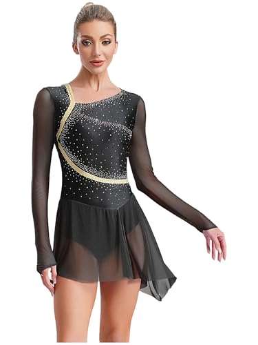 YiZYiF Damen Tanzkleid Langarm Glitzer Eiskunstlauf Kleid Ballettanzug Rückenfrei Mit Swing Rock Gymnastik Rollkunstlauf Tanzkostüm Schwarz S von YiZYiF