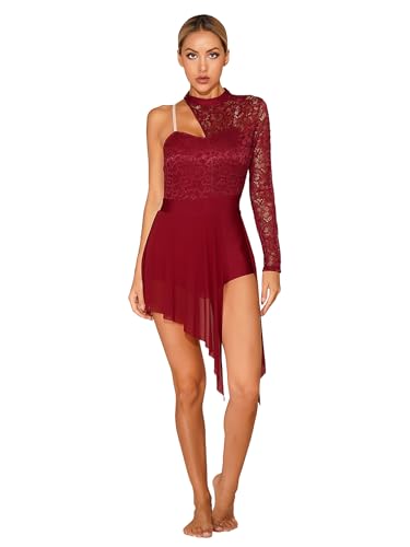 YiZYiF Damen Tanzkleid Langarm Spitze Patchwork Tanzbody Ballett Trikot Asymmetrischer Rock Eiskunstlauf Tango Latin Kleider Modern Dance Outfit Burgundy_A L von YiZYiF
