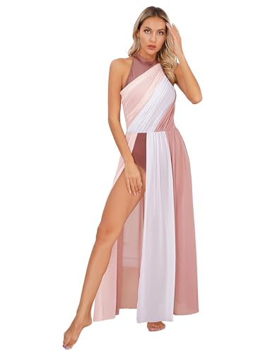 YiZYiF Damen Tanzkleid Lyrisch Ballettkleid Ärmellos Tanzbody Ballett Leotard Ballerina Kostüm Swing Maxikleid Modern Dance Outfit Show Partykleid Altrosa_A M von YiZYiF