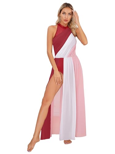 YiZYiF Damen Tanzkleid Lyrisch Ballettkleid Ärmellos Tanzbody Ballett Leotard Ballerina Kostüm Swing Maxikleid Modern Dance Outfit Show Partykleid Burgundy_A XL von YiZYiF