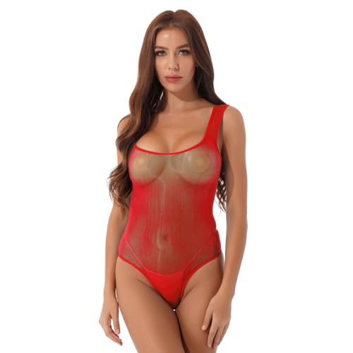 YiZYiF Damen Transparent Body U-Ausschnitt Mesh Netz Stringbody Overall Teddy Dessous Einteiliger Bikini Badeanzug Rot_Ärmellos Einheitsgröße von YiZYiF