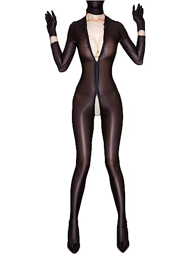 YiZYiF Damen Transparente Catsuit Ouvert-Body Dessous Bodystocking Ganzkörper Strumpfhose Eng Overall Jumpsuit Fetisch Clubwear Schwarz_O Einheitsgröße von YiZYiF