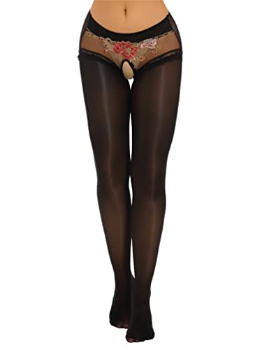 YiZYiF Damen Transparente Strumpfhose Ouvert Glanz Nylon Strümpfe Pantyhose Im Schritt Offen Reizwäsche Schwarz_E M von YiZYiF