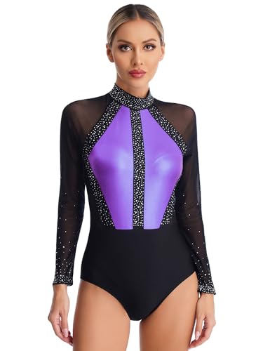 YiZYiF Damen Gymnastikanzug Langarm Glitzer Metallic Mesh Patchwork Gymnastik Trikot Ballett Tanzkleidung Hellviolett L von YiZYiF