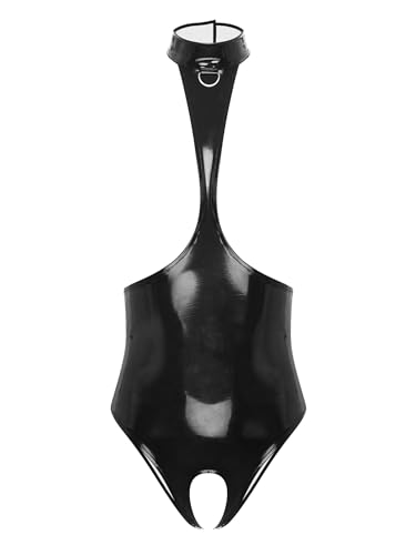 YiZYiF Damen Wetlook Bodysuit Lack Leder Body Busenfrei Wetlook Catsuit Ouvert Stringbody Erotische Dessous Unterwäsche Schwarz L von YiZYiF