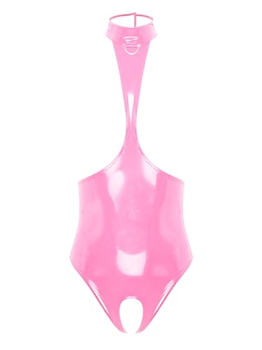 YiZYiF Damen Wetlook Catsuit Schritt Offen Glänzend Brustfreier Body Lackleder Bodysuit Ouvert Wetlook Dessous Frauen Mit Öffnung Rosa XXL von YiZYiF