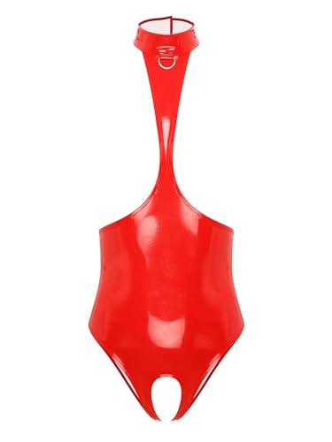 YiZYiF Damen Wetlook Catsuit Schritt Offen Glänzend Brustfreier Body Lackleder Bodysuit Ouvert Wetlook Dessous Frauen Mit Öffnung Rot S von YiZYiF