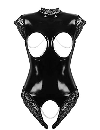 YiZYiF Damen Wetlook Ouvert-Body Lack Leder Bodysuit Busenfrei Catsuit Trikot Jumpsuit Stringbody Glänzend Overall Erotik Dessous Unterwäsche Schwarz_C 5XL von YiZYiF