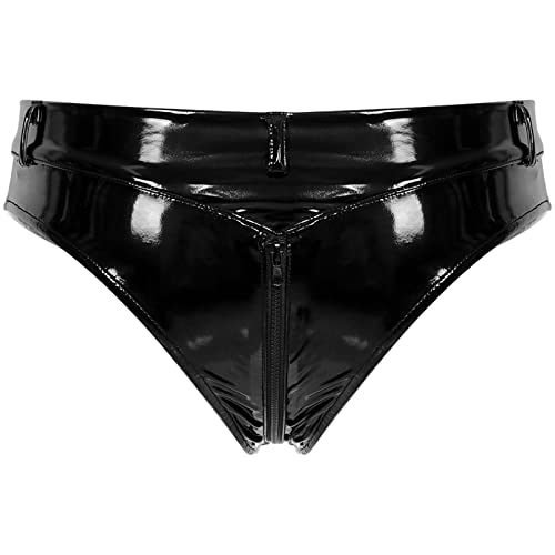 YiZYiF Damen Wetlook Slip Lack Leder Hotpants mit Reißverschluss Hohe Taille Latex Leder Booty Shorts Erotik Dessous Unterhose Schwarz N L von YiZYiF