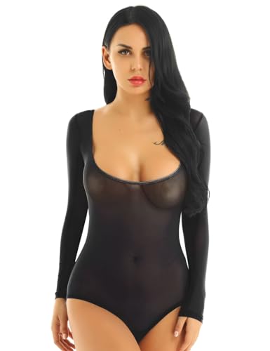 YiZYiF Damen Wetlook Transparent Body Mesh Bodysuit Trikot Einteiler Bauchtanz Tanz-body Gymnastikanzug Thong Leotard Schwarz Einheitsgröße von YiZYiF