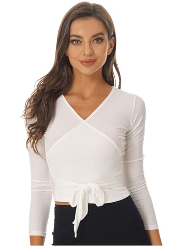 YiZYiF Damen Wickelshirt Langarm V Ausschnitt Ballett Tanz Gymnastik Oberteil T-Shirt Shrug Top Blusen Elfenbein_C S von YiZYiF