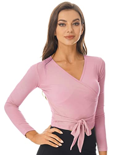 YiZYiF Damen Wickelshirt Langarm V Ausschnitt Ballett Tanz Gymnastik Oberteil T-Shirt Shrug Top Blusen Rosa_C S von YiZYiF