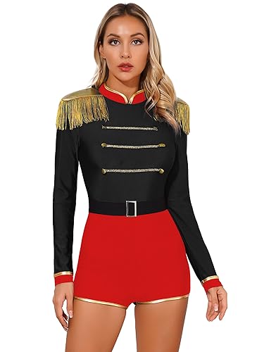 YiZYiF Damen Zirkus Zirkusdirektor Kostüm Overall Bodysuit Halloween Karneval Kostüm Circus Manege Verkleidung Sport Tanz Trikot A_Schwarz 3XL von YiZYiF