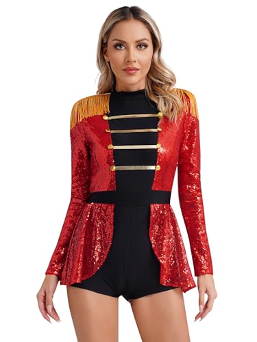 YiZYiF Damen Zirkus Zirkusdirektor Kostüm Overall Bodysuit Halloween Karneval Kostüm Circus Manege Verkleidung Sport Tanz Trikot D_Rot M von YiZYiF