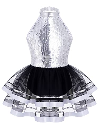 YiZYiF Kinder Mädchen Ballettkleid Tütü Tanzkleid Glitzer Pailletten Ärmellos Ballett Trikot Leotard Mesh Rock Mädchen Rollschuhkleid Tanzkleidung Silber_B 134-140/9-10 Jahre von YiZYiF