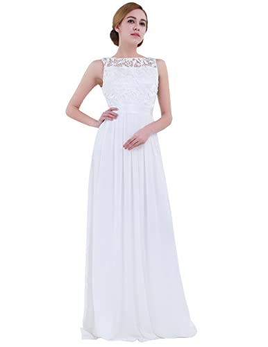 YiZYiF Elegante Damen Abendkleid Spitze Cocktailkleid Partykleider Festliche Hochzeit Brautjungfernkleid Chiffon Langes Maxi Kleider Gr. 34-46 Weiß 38 von YiZYiF