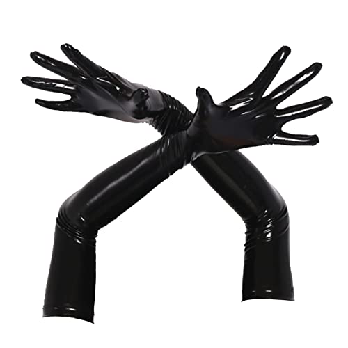 YiZYiF Frauen Glänzend Faux Leder Handschuhe Lange Sexy Stretch Latex Handschuhe Ärmel Stulpen Schwarz Rot Gogo Clubwear Schwarz L von YiZYiF