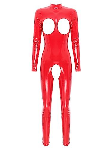 YiZYiF Frauen Wetlook Bodysuit Catsuit Leder Overall Ouvert mit Reißverschluss Ganzkörper Kostüm Stage Party Clubwear Rot W 4XL von YiZYiF