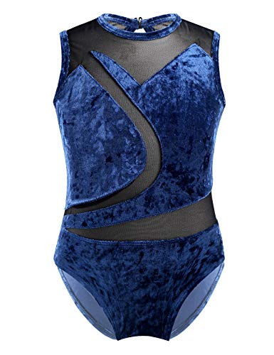 YiZYiF Gymnastikanzug für Mädchen Kinder Turnanzug Samt Ballett Trikot Leotard Gymnastik Dancewear Wettkampf Tanzbekleidung Gr.98-164 Marineblau 146-152 von YiZYiF