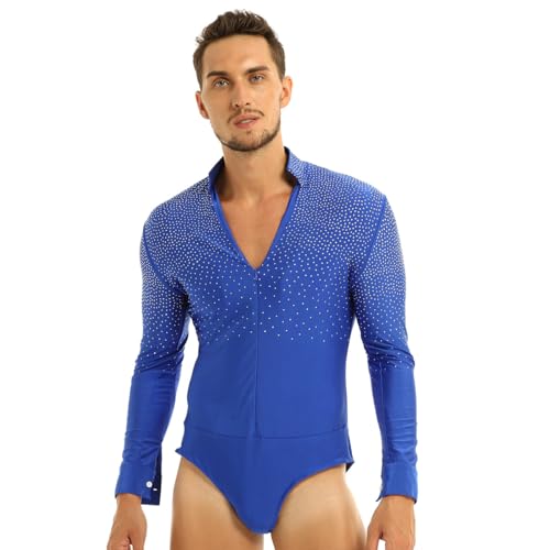 YiZYiF Herren Body Langarm V-Ausschnitt Tanzbody Latein Obeteile Leotard Overalls Männerbody Tango Rumba Tanzshirts Ballsaal Party Tanzkleidung Royal_Blau M von YiZYiF