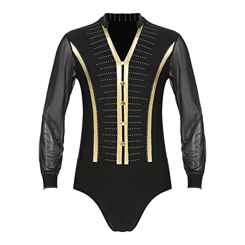 YiZYiF Herren Body Langarm V-Ausschnitt Tanzbody Latein Obeteile Leotard Overalls Männerbody Tango Rumba Tanzshirts Ballsaal Party Tanzkleidung Schwarz_B L von YiZYiF