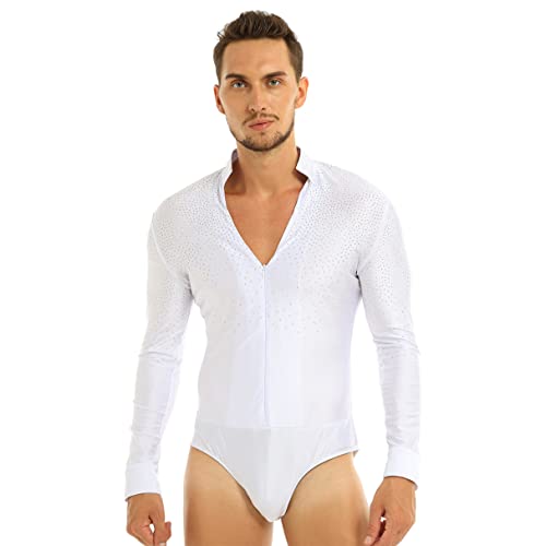 YiZYiF Herren Body Langarm V-Ausschnitt Tanzbody Latein Obeteile Leotard Overalls Männerbody Tango Rumba Tanzshirts Ballsaal Party Tanzkleidung Weiß XXL von YiZYiF