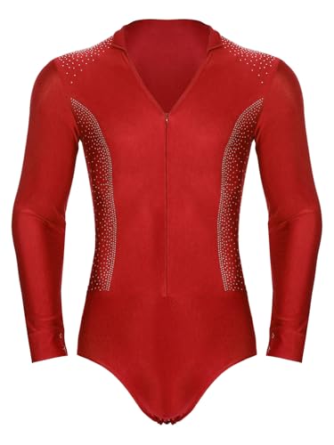 YiZYiF Herren Bodysuit Langarm V-Ausschnitt Glitzer Strass Tanz Body Latin Tango Salsa Gymnastik Trikot Ballsaal Tanzkostüm Leotard Rot M von YiZYiF