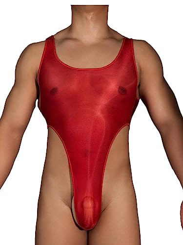 YiZYiF Herren Bodysuit Sexy Glänzend Stringbody Dessous Reizwäsche Glossy Tank Top Thong Leotard Einteiler Singlet Sportwear D_Rot Einheitsgröße von YiZYiF