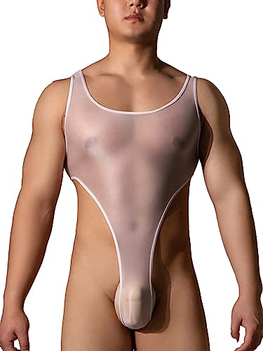 YiZYiF Herren Bodysuit Sexy Glänzend Stringbody Dessous Reizwäsche Glossy Tank Top Thong Leotard Einteiler Singlet Sportwear D_Weiß Einheitsgröße von YiZYiF