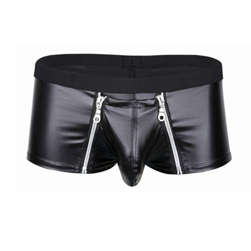 YiZYiF Herren Boxer Boxershort Unterhose Lack-Optik Ledershort Pants Hose Trunk mit Zipper Bulge Beutel Gr. M L XL XXL Schwarz XX-Large von YiZYiF