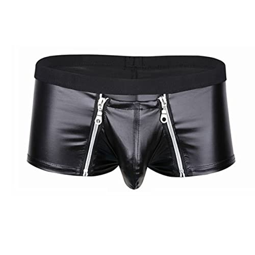 YiZYiF Herren Boxer Boxershort Unterhose Lack-Optik Ledershort Pants Hose Trunk mit Zipper Bulge Beutel Gr. M L XL XXL Schwarz XXXL von YiZYiF