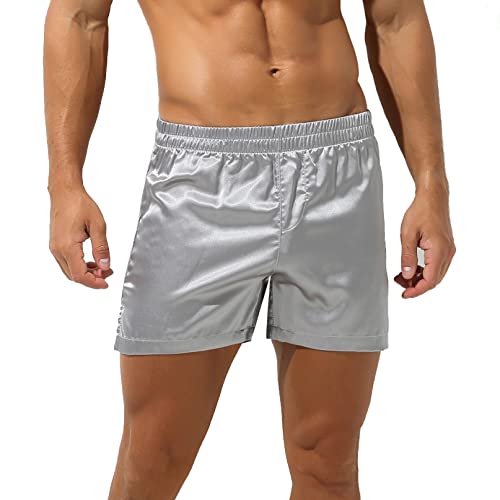 YiZYiF Herren Boxershorts Satin Glanz Boxer Briefs Seide Optik Schlafanzug Pyjamahose Shorts Locker Trunk Unterhose Grau D M von YiZYiF