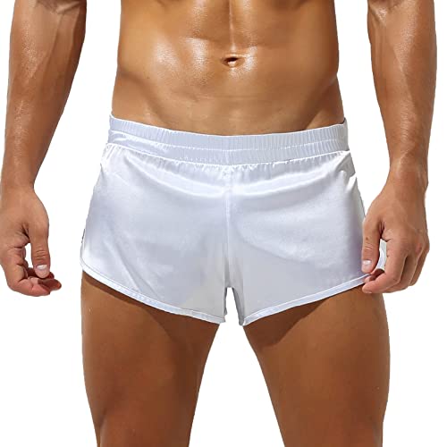 YiZYiF Herren Boxershorts Satin Glanz Boxer Briefs Seide Optik Schlafanzug Pyjamahose Shorts Locker Trunk Unterhose Weiß C M von YiZYiF