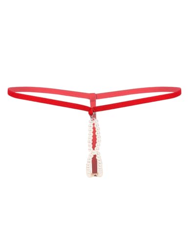 YiZYiF Herren G-String Tanga Ouvert Perlen Slip Mit Penisring Erotische Unterwäsche Schrittloses Höschen Riemen Unterhose Schlüpfer Rot OneSize von YiZYiF