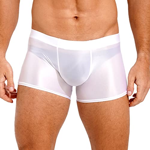 YiZYiF Herren Glänzend Boxershorts Sexy Glatt Nylon Slip Höschen Badeshorts Hotpants Erotische Dessous Reizwäsche Weiß_D XL von YiZYiF