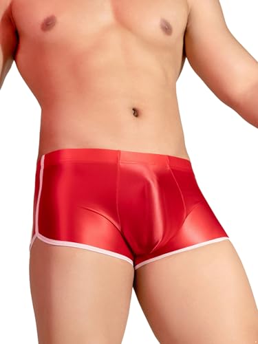 YiZYiF Herren Glänzende Boxershorts Öl Glanz Nylon Slip Unterwäsche Mit Großem Beutel Stretch Unterhose Sportwäsche Shorts Kurz Hose Eng Rot Einheitsgröße von YiZYiF
