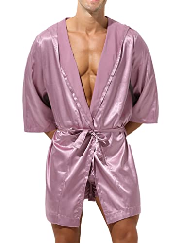 YiZYiF Herren Glanz Satin Bademantel Leichte Kapuze Morgenmantel Kimono Nachtwäsche Robe Altrosa XL von YiZYiF