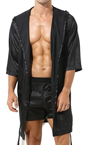 YiZYiF Herren Glanz Satin Bademantel Leichte Kapuze Morgenmantel Kimono Nachtwäsche Robe Schwarz XL von YiZYiF