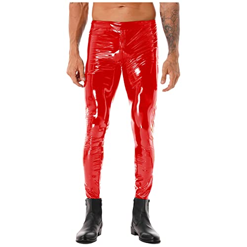 YiZYiF Herren Lack Leder Hose Pants Wetlook Leggings Skinny mit Reißverschluss Elastisch Lackoptik Lederhose Slim Fit Schwarz M-4XL Rot E 4XL von YiZYiF