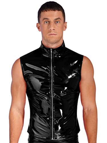 YiZYiF Herren Latex Leder Tops T-Shirt Mit Stehkragen Männer Glänzend Lack Jacke Unterhemd Muskelshirt Stretch Clubwear M-4XL Schwarz_B 3XL von YiZYiF